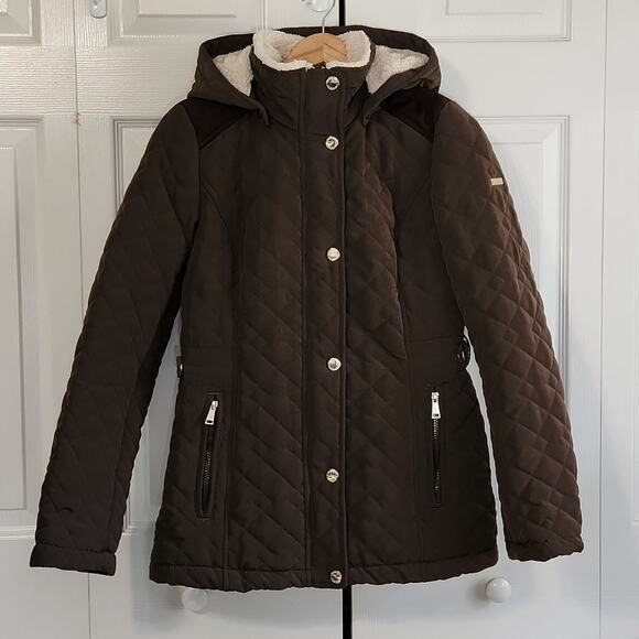 Laundry By Shelli Segal Brown Hooded Quilted Puffer Coat  XS Midi Granola Girl - Picture 1 of 13